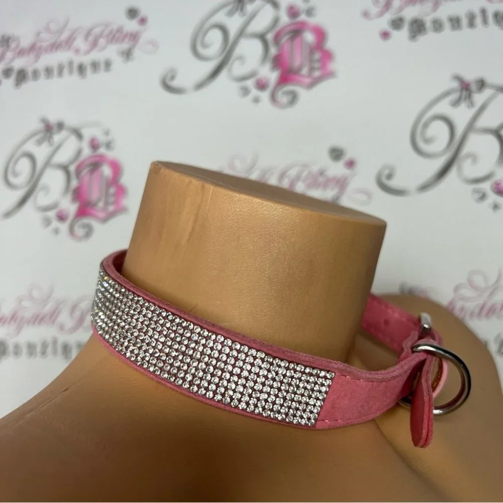 Bling collar rhinestone diamonds animal dog necklace collar choker suede pink